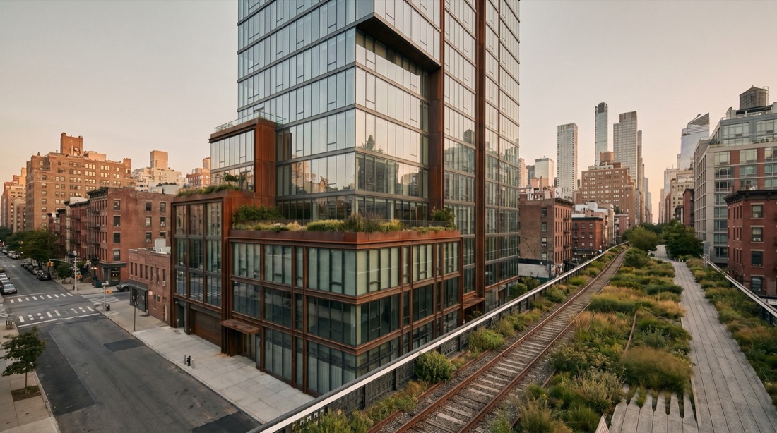 Glass high-rise beside the High Line in West Chelsea