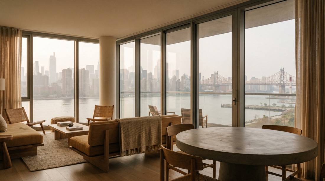 Condo interior with East River skyline view in Long Island City
