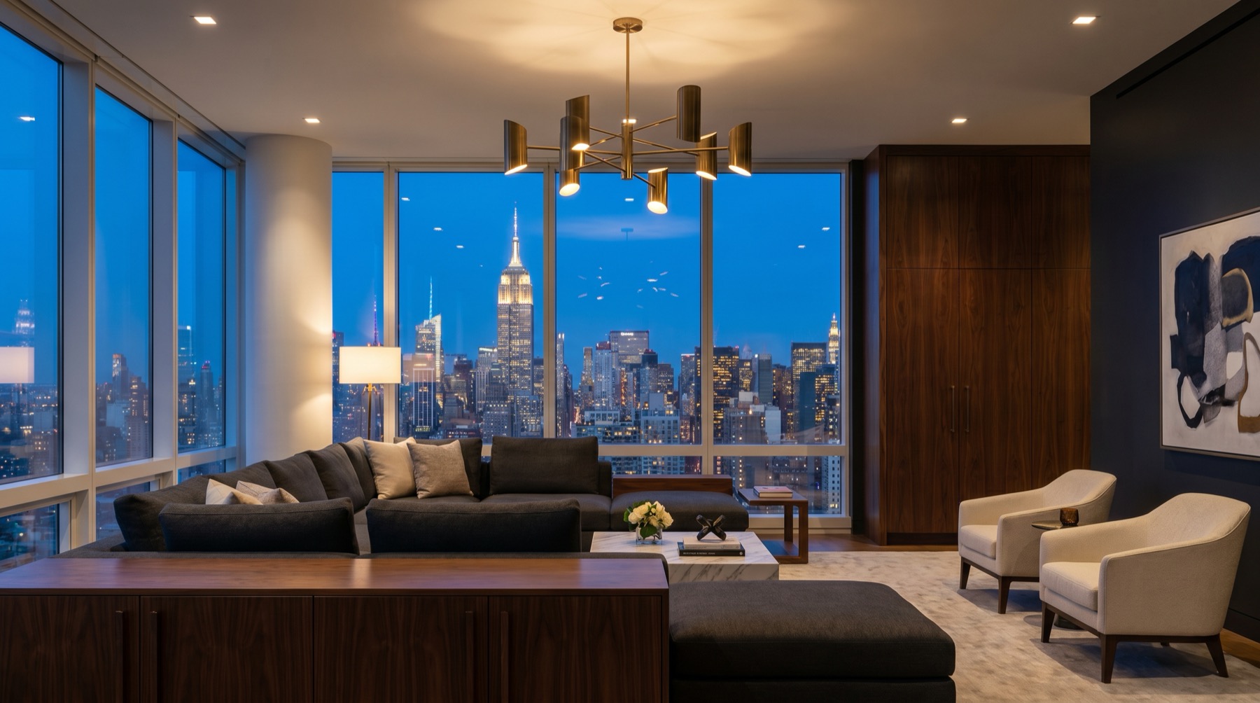 Floor-to-ceiling windows over the Manhattan skyline at twilight